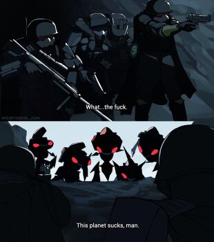 4others absurdres alternate_color ambush armor bug cannon cyborg gen_5_pokemon gen_6_pokemon genesect gun handgun heartbreak_juan helldiver_(helldivers) helldivers_(series) helmet highres injury legendary_pokemon multiple_others mythical_pokemon nintendo pokemon pokemon:_genesect_and_the_legend_awakened profanity red_eyes revolver rifle shiny_pokemon sniper_rifle weapon zygarde zygarde_core