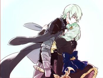 1boy 1girl armor back_bow black_cape blue_bow bow cape closed_eyes commentary_request couple fire_emblem fire_emblem:_three_houses flayn_(fire_emblem) from_side green_hair hetero hug male_byleth_(awakened)_(fire_emblem) male_byleth_(fire_emblem) medium_hair nintendo official_alternate_hair_color short_hair simple_background standing tundram white_background