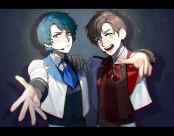 2boys :d alternate_costume bad_id bad_pixiv_id black_vest blue_eyes blue_hair blue_necktie blurry blurry_foreground bow bowtie brooch brown_hair brown_vest chromatic_aberration closed_mouth collared_shirt cropped_jacket foreshortening frown green_eyes gundam gundam_zz hand_on_another&#039;s_shoulder headset idol idol_clothes jacket jewelry judau_ashta kamille_bidan lapels letterboxed light_particles long_sleeves looking_at_viewer male_focus microphone multiple_boys necktie notched_lapels open_clothes open_jacket open_mouth pointing pointing_at_viewer reaching reaching_towards_viewer red_bow shion_(ajisionn) shirt short_hair smile upper_body vest white_jacket white_shirt wing_collar