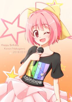 1girl ;d antenna_hair black_shirt blush bow character_name collarbone commentary_request cowboy_shot dated frilled_skirt frills gradient_background hair_bow hand_up happy_birthday head_tilt highres holding holding_microphone kami_nomi_zo_shiru_sekai large_bow looking_at_viewer microphone music nakagawa_kanon one_eye_closed open_mouth orange_background partial_commentary pink_hair pink_skirt print_shirt raised_eyebrows red_eyes ryuzaki_mk shirt shirt_tucked_in short_hair short_sleeves singing skirt smile solo standing star_(symbol) star_symbol_background t-shirt white_background yellow_bow
