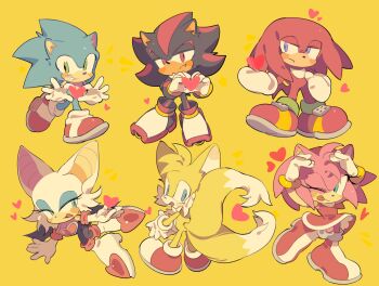 2girls 4boys amy_rose animal_ears aqua_eyes bat_ears bat_girl bat_wings black_fur blue_eyes blue_eyeshadow blue_fur boots breasts chibi chibi_only cleavage commentary dress eyeshadow fox_boy fox_ears fox_tail furry furry_female furry_male fx050 gloves green_eyes grin heart heart_hands hedgehog_boy hedgehog_girl highres knuckles_the_echidna makeup multiple_boys multiple_girls multiple_tails pink_fur purple_eyes red_dress red_eyes red_fur red_shoes rouge_the_bat shadow_the_hedgehog shoes simple_background smile sonic_(series) sonic_the_hedgehog symbol-only_commentary tail tails_(sonic) two_tails white_boots white_fur white_gloves wings yellow_background yellow_fur