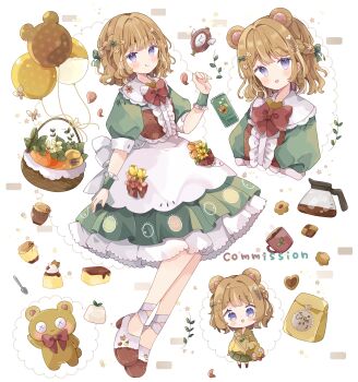1girl :d absurdres animal_ears apron balloon basket bear_ears blush borrowed_character bow bowtie brown_hair brown_shoes can center_frills checkerboard_cookie chibi closed_mouth coffee_bag coffee_pot commentary_request commission cookie cup dress drink_can food frills full_body green_dress highres looking_at_viewer multiple_views open_mouth original pudding purple_eyes red_bow red_bowtie shoes short_hair short_sleeves simple_background skeb_commission smile standing stuffed_animal stuffed_toy teddy_bear tsukiyo_(skymint) white_apron white_background wrist_cuffs