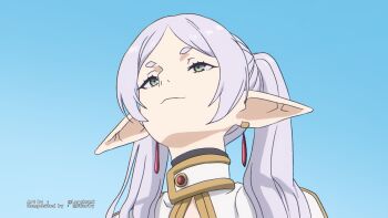 1girl artist_collaboration artist_name blue_background commentary earrings english_commentary flierby frieren from_below green_eyes grey_hair highres jewelry lorokun meme pointy_ears portrait short_eyebrows smile solo sousou_no_frieren twintails upward_angle_frieren_drawing_(meme)