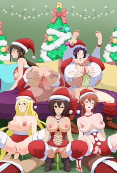 4boys 5girls absurdres anal anal_fluid anus bad_source barefoot blonde_hair blue_eyes blush boots bouncing braid breasts breasts_out brown_eyes brown_hair christmas christmas_lights christmas_tree clothing_aside condom couch cowgirl_position dildo facing_viewer full_nelson girl_on_top glasses group_sex hat high_heel_boots high_heels highres huge_breasts kazehana large_breasts legs_up lingerie long_hair looking_at_another looking_at_viewer looking_back matsu_(sekirei) motion_lines multiple_boys multiple_girls musubi nipples open_mouth orgy panties panties_aside pillow purple_hair pussy pussy_juice red_hair renchi santa_hat sekirei sex_toy squatting straddling testicles thighhighs through_clothes torn_clothes tsukiumi uncensored underwear uzume_(sekirei) vaginal