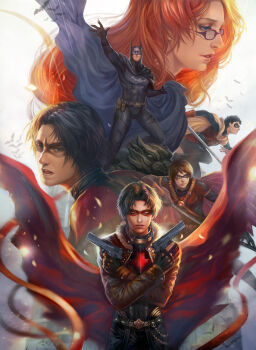 1girl 5boys barbara_gordon batman batman_(series) belt black_hair blue_eyes bodysuit brothers bruce_wayne cape closed_eyes damian_wayne dc_comics dick_grayson domino_mask eye_mask family fan_yang_(jiuge) father_and_son fingerless_gloves gargoyle glasses gloves green_eyes gun jacket jason_todd leather leather_jacket mask multiple_boys nightwing oracle oracle_(dc) orange_hair red_hood_(dc) red_robin robin_(dc) siblings staff sword tim_drake weapon