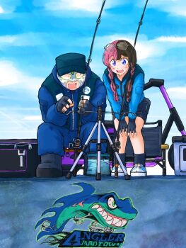 1boy :d ankle_boots aqua_hat blue_eyes blue_jacket blue_pants blue_sky blush boots braid brown_hair chair commentary_request copyright_name eyewear_on_head fanta_(streamer) field_cap fingerless_gloves fish fishing fishing_gear fishing_rod glasses gloves grey_boots grey_gloves grey_shorts grey_socks hair_over_shoulder hands_on_own_knees hat holding holding_fishing_rod jacket leaning_forward life_vest long_hair long_sleeves looking_at_another looking_at_object looking_down looking_to_the_side low_twin_braids madtown_gta multicolored_hair open_mouth pants pants_tucked_in pink_hair shoes shorts sitting sky smile socks split-color_hair standing tachibana_hinano tripod twin_braids two-tone_hair virtual_youtuber vspo! white_shoes wrestling_mask yayoihitoyasumi zeta_division