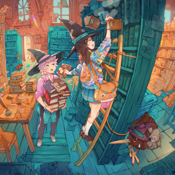 2girls animal animal_in_clothes aqua_ribbon aqua_skirt artist_name bag bandaid bandaid_on_cheek bandaid_on_face bird birdcage black_hair black_hat black_pants black_shoes blue_sky book book_stack bookmark bookshelf box brown_bag cage candle chair clothes_around_waist commentary dated day english_commentary falling_books giving hair_ornament hairclip hat hat_ribbon holding holding_book indoors inkwell kiwi_(bird) library looking_at_another looking_up medium_hair messenger_bag multicolored_sweater multiple_girls on_ladder open_mouth original owl pants parchment pink_hair pink_ribbon pink_shirt purple_hat quill red_eyes ribbon rope runes scroll shirt shoes short_hair shoulder_bag simz skirt sky socks stone_floor stone_wall sunlight sweatdrop sweater sweater_around_waist table teeth too_many too_many_books trap_door treasure_chest upper_teeth_only white_shoes white_socks window witch witch_hat wooden_chair wooden_floor wooden_ladder wooden_table