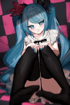 1girl aqua_eyes back checkered_background commentary_request hands_on_own_knees hatsune_miku highres knees_together_feet_apart long_hair miniskirt pout shirt sitting skirt solo soyaka textless_version thighhighs twintails very_long_hair vocaloid white_shirt world_is_mine_(vocaloid) zettai_ryouiki