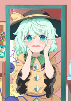 Rule 34 | 1girl, absurdres, black hat, blush, collared shirt, commentary request, contrast collar, eyeball, frilled shirt collar, frilled sleeves, frills, green eyes, green hair, guminemi, hands on own cheeks, hands on own face, hat, hat ribbon, highres, komeiji koishi, long sleeves, looking at mirror, mirror, open mouth, reflection, ribbon, shirt, solo, third eye, touhou, wide sleeves, yellow ribbon, yellow shirt