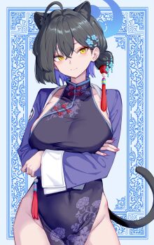 1girl absurdres ahoge animal_ears ankomochi142 arms_under_breasts black_hair blue_archive blue_jacket blush breasts china_dress chinese_clothes collarbone commentary_request covered_navel crossed_arms dress eyeshadow fingernails groin hair_bun halo highleg highleg_dress highres jacket kaguya_(blue_archive) large_breasts looking_at_viewer makeup multicolored_hair nail_polish no_panties panther_ears panther_girl panther_tail pelvic_curtain purple_hair red_eyeshadow sideboob single_side_bun smile solo tail two-tone_hair yellow_eyes