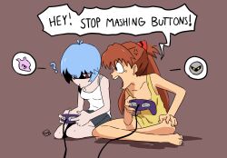 Rule 34 | !, 2girls, :&gt;, ?, ayanami rei, bare legs, barefoot, blue eyes, blue hair, breasts, brown hair, casual, chimeraenvy, controller, creatures (company), crossed legs, crossover, disgust, english text, expressionless, eywy4324, game controller, game freak, gameplay mechanics, gen 1 pokemon, highres, legendary pokemon, long hair, looking at another, meta knight, mewtwo, multiple girls, neon genesis evangelion, nintendo, playing games, pokemon, pokemon (creature), red eyes, shaded face, shirt, short hair, simple background, souryuu asuka langley, standing, super smash bros., thinking, white shirt, wide hips