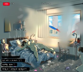 1boy 1girl absurdres after_vaginal aftersex bed bedroom breasts bukkake censored cheating completely_nude cum cum_in_pussy cum_on_arms cum_on_body cum_on_breasts cum_on_legs cum_on_lower_body cum_on_upper_body day english_text erection gag gagged highres livestream lunar_art medium_penis mosaic_censoring netorare nude on_bed original restrained