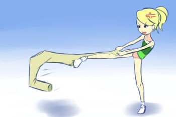 1girl anger_vein angry black_eyes blonde_hair blue_background brown_pants cindy_vortex clothes_pull collarbone drantyno female_focus flat_chest full_body gradient_background green_shirt jimmy_neutron_(series) lace lace-trimmed_panties lace_trim living_clothes loli long_hair nickelodeon open_mouth panties pants pants_pull pink_panties polka_dot polka_dot_panties ponytail pulling_another&#039;s_clothes scene_reference shirt shoes socks standing standing_on_one_leg tank_top torn_clothes torn_pants underwear white_shoes white_socks