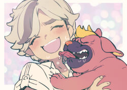 1boy ^_^ aged_down arven_(pokemon) blush border brown_hair closed_eyes collared_shirt licking licking_another&#039;s_face male_focus maschiff multicolored_hair nintendo open_collar open_mouth outside_border pokemon pokemon_(creature) pokemon_sv saliva shirt short_hair smile solo streaked_hair sumeragi_kohaku teeth tongue tongue_out upper_teeth_only white_border white_shirt
