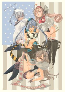 4girls absurdres american_flag american_flag_background aqua_hat ballet_boots bell black_one-piece_swimsuit black_ribbon breasts candy coat competition_swimsuit dace_(kancolle) denim denim_skirt dixie_cup_hat drum_(kancolle) flag_background food garrison_cap gloves grey_eyes grey_hair hair_ornament hair_rings hat headgear highleg highleg_one-piece_swimsuit highres kantai_collection lollipop long_hair looking_at_viewer military_hat multiple_girls neck_bell one-piece_swimsuit pink_hair pot-de red_hat ribbon scamp_(kancolle) scarf shirt shorts side_ponytail skirt smile star_(symbol) star_hair_ornament swimsuit swimsuit_under_clothes two-tone_one-piece_swimsuit very_long_hair wahoo_(kancolle) wahoo_kai_(kancolle) white_background white_coat white_gloves white_hat white_scarf white_shirt white_shorts