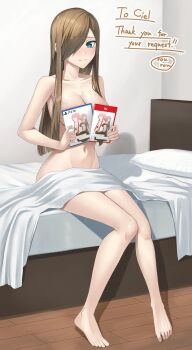 1girl blue_eyes blush box breasts brown_hair closed_mouth collarbone commentary commission commissioner_name cover embarrassed english_commentary hair_over_one_eye highres holding holding_box indoors large_breasts long_hair looking_at_viewer luke_fon_fabre navel nude on_bed rourou_ill sitting skeb_commission smile solo tales_of_(series) tales_of_the_abyss tear_grants thank_you very_long_hair video_game_cover