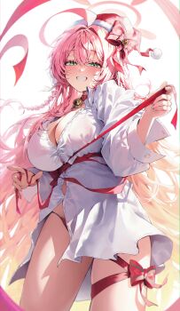 1girl 46_coffee absurdres ahoge bikini bikini_under_clothes blue_archive bow breasts cleavage green_eyes halo hanako_(blue_archive) hanako_(swimsuit)_(blue_archive) hat highres large_breasts long_hair looking_at_viewer official_alternate_costume oversized_clothes oversized_shirt partially_unbuttoned pink_bikini pink_hair pink_halo red_bow red_ribbon ribbon santa_hat shirt smile solo swimsuit white_background white_bow white_shirt