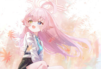 1girl ahoge black_skirt blue_archive blue_eyes blue_necktie blush commentary_request fang hair_between_eyes halo heterochromia highres hoshino_(blue_archive) leaf light_rays long_hair long_sleeves maple_leaf necktie open_mouth pikamame_il pink_hair pink_halo plaid_clothes plaid_skirt puffy_long_sleeves puffy_sleeves school_uniform shirt skin_fang skirt smile solo straight_hair very_long_hair white_shirt yellow_eyes