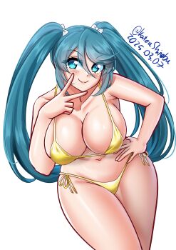 1girl absurdres aqua_eyes bikini breasts cleavage dated gold_bikini green_hair hand_on_own_hip highres isuzu_(kancolle) kantai_collection katou_shinobu large_breasts mixed-language_commentary one-hour_drawing_challenge side-tie_bikini_bottom simple_background solo standing swimsuit twintails twitter_username v white_background