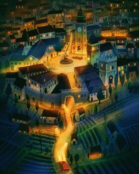 car chimney clock clock_tower cross fountain francisco_fonseca highres lamppost limousine motor_vehicle night night_sky no_humans original rooftop sky slide spain tower tree van window window_light