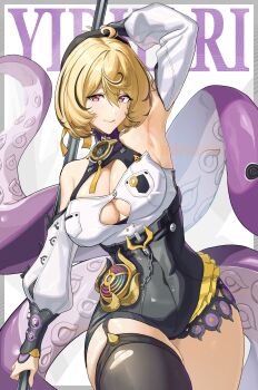 1girl absurdres accessories arm_up armpits asymmetrical_shorts bare_shoulders blonde_hair breasts character_name cleavage_cutout clothing_cutout covered_navel detached_sleeves hat high-waist_shorts highres holding holding_weapon looking_at_viewer mole mole_under_mouth monster_girl octopus purple_eyes scylla shorts single_thighhigh solo spiral sticker tentacle_tail tentacles thedicardo thighhighs tongue tongue_out weapon white_background yidhari_murphy zenless_zone_zero