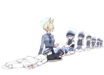 1boy 6+girls animal_ears bare_legs black_pantyhose blue_archive blue_hair blue_necktie blue_shirt blue_skirt blue_vest commentary dog_ears doodle_sensei_(blue_archive) english_commentary gloves grey_hair hair_over_one_eye halo hand_on_another's_head hat kanna_(blue_archive) kanna_(young)_(blue_archive) lap_pillow long_sleeves lonklink looking_at_another lying multiple_girls necktie official_alternate_hair_length official_alternate_hairstyle pantyhose police police_hat police_uniform queue sensei_(blue_archive) shirt short_hair short_sleeves simple_background sitting skirt sweatdrop valkyrie_police_academy_student_(sg)_(blue_archive) vest wariza white_background white_gloves white_shirt yokozuwari