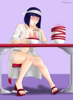 Rule 34 | 1girl, blue hair, blush, breasts, eating, food, genderswap, genderswap (mtf), headband, highres, horserious, hyuuga hinata, legs, mature female, naruto (classic), naruto (series), naruto shippuuden, ninja, noodles, ramen, sandals, sexy no jutsu, short hair, simple background, solo, spicy