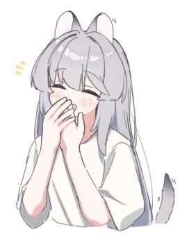 1girl :d ^_^ animal_ears blush closed_eyes commentary cropped_torso grey_hair hand_to_own_mouth hands_up highres long_hair notice_lines open_mouth original riya_(01214) shirt short_sleeves simple_background smile solo symbol-only_commentary tail upper_body very_long_hair white_background white_shirt wolf_ears wolf_girl wolf_tail