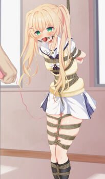 1girl 1other absurdres arms_behind_back ball_gag bdsm black_socks blonde_hair blue_skirt blush bondage bound bound_arms bound_legs bound_torso breasts clenched_hand collarbone commission controller crotch_rope drooling egg_vibrator embarrassed female_focus forced_orgasm gag gagged green_eyes hair_between_eyes hair_ornament hallway hamuta_(machosbrown) highres holding holding_remote_control indoors kneehighs legs legs_together long_hair looking_ahead looking_at_another looking_up miniskirt multicolored_skirt neckerchief neckerchief_between_breasts perky_breasts pleated_skirt remote_control remote_control_vibrator rope saliva saliva_trail school school_uniform sex_toy shadow shibari shibari_over_clothes shirt short_hair sidelocks skeb_commission skin_tight skindentation skirt small_breasts socks solo_focus standing summer_pockets sunlight suspension sweater sweater_vest thighs tsumugi_wenders twintails variant_set very_long_hair vibrator vibrator_under_clothes white_shirt white_skirt wiffle_gag window x_hair_ornament yellow_sweater yellow_sweater_vest