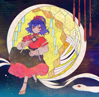 1girl black_skirt closed_mouth commentary_request full_body ginkgo_leaf hair_ornament highres invisible_chair itomugi-kun layered_sleeves leaf leaf_hair_ornament long_sleeves looking_at_viewer maple_leaf purple_hair red_shirt red_skirt rope sandals shide shirt short_hair short_over_long_sleeves short_sleeves sitting skirt smile snake solo touhou yasaka_kanako