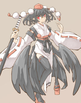Rule 34 | 1girl, black hair, black ribbon, black skirt, black thighhighs, black wings, breasts, brown background, commentary request, detached sleeves, frown, full body, geta, hands up, hat, hat tassel, highres, holding, holding sword, holding weapon, japanese clothes, katana, kimono, kourindou tengu costume, long sleeves, medium hair, obi, pom pom (clothes), red eyes, red hat, red shoes, ribbon, ribbon-trimmed sleeves, ribbon trim, sash, shameimaru aya, shoes, side slit, sideways glance, skirt, small breasts, solo, sword, tengu-geta, thighhighs, tokin hat, touhou, weapon, white kimono, wings, yamasina009