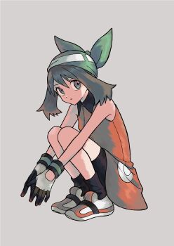 1girl bandana bare_arms bike_shorts brown_hair closed_mouth commentary_request dress eyelashes full_body gloves green_bandana grey_background highres ittumozzz looking_at_viewer may_(pokemon) may_(pokemon_emerald) medium_hair nintendo orange_dress pokemon pokemon_emerald pokemon_rse shoes simple_background sleeveless sleeveless_dress socks solo squatting