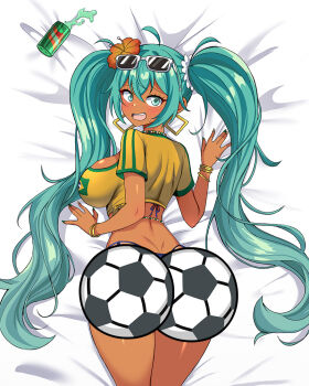 \||/ ahoge aqua_eyes aqua_hair ass back ball bed blush bracelet brazilian_flag brazilian_flag_print brazilian_miku breasts can censored cleavage collarbone crop_top dark-skinned_female dark_skin denim denim_shorts double_\||/ drink flag_print flower gold_bracelet green_nails guarana_antarctica hair_elastic hair_flower hair_ornament hatsune_miku huge_ass jarckius jewelry long_hair lying multicolored_nails necklace on_bed on_stomach open_mouth shirt shorts smile soccer soccer_ball solo spill teeth thick_thighs thighs upper_teeth_only very_long_hair vocaloid waist_jewel wide_hips yellow_nails yellow_shirt