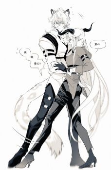 1boy 1girl animal_ear_fluff animal_ears arknights arm_strap armband blush boots breasts chinese_text closed_mouth collared_shirt degenbrecher_(arknights) flying_sweatdrops from_side full_body gloves goat_ears goat_girl goat_horns greyscale hair_between_eyes height_difference high_heel_boots high_heels highres horns hug jacket long_hair long_sleeves monochrome motion_lines pants pienahenggou shirt short_hair silverash_(arknights) silverash_(elite_ii)_(arknights) simple_background snow_leopard_boy snow_leopard_ears snow_leopard_tail speech_bubble standing tail translation_request very_long_hair white_background