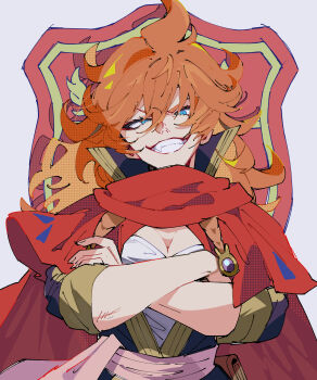 Rule 34 | 1girl, absurdres, black clover, blue eyes, breasts, capelet, cleavage, commentary, commentary request, crossed arms, eyeshadow, fangs, grin, highres, long hair, looking at viewer, makeup, mereoleona vermillion, nekoma hikaru, open mouth, red capelet, red eyeshadow, red hair, shirt, smile, solo, spiked hair, white shirt