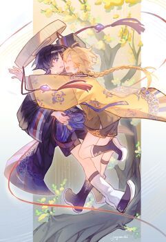 2boys absurdres aether_(genshin_impact) ahoge ajirogasa alternate_costume arm_up arms_up artist_name black_boots black_hanfu black_shorts blonde_hair blue_border blunt_ends boots border bow braid branch bright_pupils brown_hat brown_vest chinese_clothes closed_eyes commentary earrings eyeshadow floating_clothes floating_hair floral_print flying from_side full_body genshin_impact hair_between_eyes hair_ornament hair_ribbon hair_tubes hanfu happy hat highres jewelry leg_warmers long_hair long_sleeves looking_at_another low-braided_long_hair low-tied_long_hair makeup male_focus mitsudomoe_(shape) multiple_boys open_mouth outdoors outside_border purple_bow purple_eyes purple_hair purple_sash red_eyeshadow ribbon sash scaramouche_(genshin_impact) short_hair shorts single_braid single_earring single_hair_tube sky smile tassel teeth thigh_strap tomoe_(symbol) tongue tree untranslatable_commentary vest white_border white_leg_warmers white_pupils wide_sleeves yaginori yaoi yellow_hanfu yellow_ribbon yellow_sky