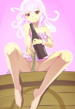 1girl barefoot blush_stickers bottle box caryo censored collarbone convenient_censoring donation_box dress female_focus head_tilt koimonogatari living_hair long_legs looking_at_viewer money monogatari_(series) nanashino no_panties off_shoulder on_box red_eyes sake_bottle scrunchie sengoku_nadeko sitting sitting_on_box smile snake_hair solo strap_slip white_hair