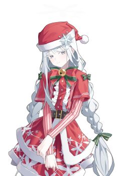 1girl alternate_costume alternate_hairstyle bell belt blue_archive bow braid braided_twintails christmas closed_mouth dress frills fur-trimmed_headwear fur_trim green_bow grey_eyes hair_bow halo hashtag-only_commentary hat hat_ornament highres hokori1207 jingle_bell long_hair long_sleeves looking_at_viewer nagusa_(blue_archive) neck_bell red_bow red_dress santa_costume santa_hat simple_background smile snowflake_hat_ornament solo vertical-striped_sleeves white_background white_hair white_halo