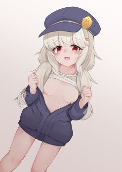 Rule 34 | 1girl, alternate breast size (larger), aoba (blue archive), blue archive, blue hat, blue jacket, blush, bottomless, breasts, breasts out, camisole, camisole lift, clothes lift, hair ornament, hairclip, hands up, hat, jacket, long hair, long sleeves, low twintails, medium breasts, mizunari sizuku, newsboy cap, nipples, open mouth, oppai loli, partially unzipped, peaked cap, pink background, red eyes, simple background, solo, standing, sweat, sweatdrop, thighs, twintails, white camisole, white hair