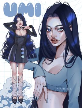 1girl abstract_background aegyo_sal arm_up arms_up artist_name asian black_dress black_shoes blue_eyes blue_hair blue_nails blue_sweater breasts character_name cleavage closed_mouth cropped_sweater dress eyelashes fashion fine_art_parody fingernails forehead full_body grid_background head_on_hand heterochromia high_collar highres jewelry kanagawa_okinami_ura kitten_heels leg_warmers long_fingernails long_hair looking_at_viewer medium_breasts modeling mole mole_on_breast mole_on_cheek mole_on_forehead mole_on_hand mole_on_leg mole_on_neck mole_on_stomach multiple_moles nail_polish original parody parted_bangs parted_lips pleated_dress ring scoop_neck shell shoes sleeves_past_wrists square_neckline straight_hair sweater thick_eyebrows thick_lips umi_(zeebythesea) upper_body very_long_hair wavy_hair white_leg_warmers zeebythesea
