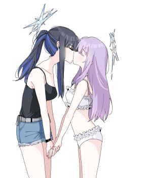 2girls arikalovesyou2 atsuko_(blue_archive) atsuko_(swimsuit)_(blue_archive) bare_arms bare_legs bare_shoulders bikini black_hair blue_archive blue_hair breasts closed_eyes commentary couple denim denim_shorts english_commentary eyebrows_hidden_by_hair frilled_bikini frills from_side hair_between_eyes halo holding_hands jewelry kiss long_hair md5_mismatch medium_breasts midriff multicolored_hair multiple_girls neck necklace ponytail profile purple_hair resolution_mismatch saori_(blue_archive) saori_(swimsuit)_(blue_archive) shorts sidelocks simple_background small_breasts source_smaller standing straight_hair swimsuit two-tone_hair white_background white_bikini yuri