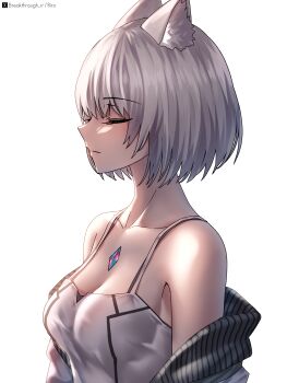 Rule 34 | 1girl, absurdres, animal ear fluff, animal ears, artist name, bare shoulders, bilingual commentary, breasts, camisole, cat ears, cat girl, chest jewel, cleavage, closed eyes, closed mouth, collarbone, commentary, completion time, grey hair, grey jacket, highres, jacket, mio (xenoblade), mixed-language commentary, off shoulder, riro (breakthrough rr), simple background, small breasts, solo, twitter x logo, upper body, white background, white camisole, xenoblade chronicles (series), xenoblade chronicles 3