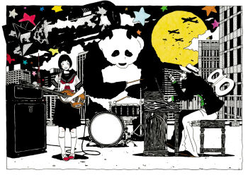 1boy 1girl aircraft airplane amplifier animal b-29 b-29_superfortress band_(music) bass_guitar bear black_hair blush bombardment bomber border building cable cigarette city closed_mouth cloud drum drum_set drumming drumsticks full_moon glass guitar hand_up hat holding holding_drumsticks hunched_over instrument jacket kneehighs knees little_boy_(nuclear_bomb) looking_at_another medium_skirt military_vehicle moon music nakamura_yuusuke neckerchief nuclear_weapon original outside_border oversized_animal panda pants piano playing_instrument radio_tower robot rooftop sailor_collar school_uniform serafuku shadow shirt shoes short_bangs short_hair short_sleeves sitting skirt sleeve_cuffs smile socks spot_color standing star_(symbol) uwabaki wide_shot winding_key