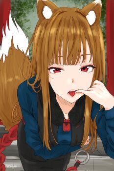 1girl animal_ear_fluff animal_ears black_skirt black_vest blue_shirt breasts brown_hair brown_tail commentary corrupted_twitter_file cowboy_shot diagada english_commentary eyelashes finger_to_mouth fur-trimmed_vest fur_trim highres holo leaning_forward long_hair long_sleeves looking_at_viewer neck_pouch outdoors red_eyes shirt skirt small_breasts solo spice_and_wolf tail tassel teeth tongue tongue_out torii vest wolf_ears wolf_girl wolf_tail