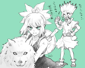 1girl animal chemistry clenched_teeth commentary_request dog dr._stone dress e=mc2_(equation) facial_mark flower food green_background green_eyes greyscale_with_colored_background ishigami_senkuu kohaku_(dr._stone) laughing looking_at_viewer male_focus monochrome multicolored_hair ninomae_gin open_mouth ponytail pouch scratches signature simple_background smile spiked_hair sword teeth weapon weapon_on_back wolf