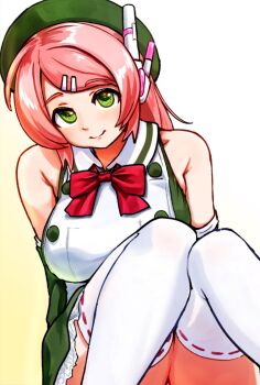 1girl apron bare_shoulders beret bow breasts buttons closed_mouth collared_apron dress frilled_dress frills gradient_background green_dress green_eyes green_hat hair_ornament hairclip hat highres large_breasts looking_at_viewer momone_momo pink_hair red_bow robot_ears saruyama_ushirou sitting smile solo thighhighs thighs utau white_apron white_background white_thighhighs yellow_background