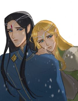 2boys black_hair blonde_hair blue_eyes circlet closed_mouth cousins elf finrod_felagund gem hand_on_another&#039;s_shoulder issa_crimson jewelry long_hair looking_at_another looking_down male_focus multiple_boys pointy_ears simple_background tearing_up tears the_silmarillion tolkien&#039;s_legendarium turgon upper_body white_background