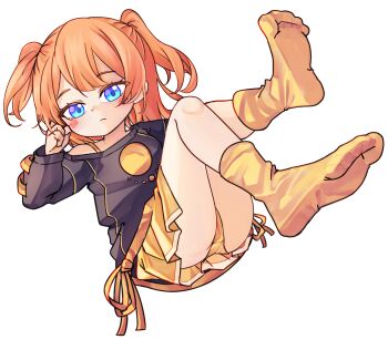 1girl black_shirt blue_eyes chaosexceed closed_mouth commentary english_commentary highres long_sleeves looking_at_viewer medium_hair miniskirt no_shoes orange_hair original paid_reward_available panties pleated_skirt shirt simple_background skirt socks soles solo toes two_side_up underwear white_background yellow_panties yellow_skirt yellow_socks