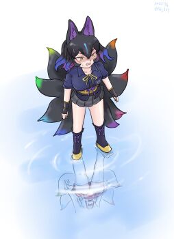 2girls animal_ears belt black_hair black_shirt black_socks black_tail blue_hair blush bow bowtie breast_pocket collared_shirt fox_ears fox_girl fox_tail fur_trim grey_skirt hair_between_eyes highres japari_symbol kemono_friends kemono_friends_3 kyubikori_(kemono_friends) kyuubi_(kemono_friends) long_hair long_sleeves multicolored_hair multiple_girls multiple_tails pleated_skirt pocket purple_hair red_skirt reflection saja_(166j357) shirt shoes short_sleeves sidelocks skirt socks sweatdrop t-shirt tail thighhighs water white_fur white_shirt white_tail white_thighhighs yellow_belt yellow_bow yellow_bowtie yellow_eyes yellow_shoes zettai_ryouiki