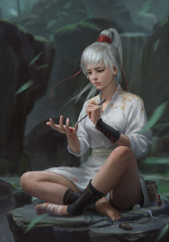 1girl ankle_wrap artist_request bandaged_foot bandages barefoot bindi blood blood_on_clothes cuts highres indian_style injury long_hair needle original realistic river riverbank robe rock scrape scraped_knee self-harm sitting topknot tunic white_hair wind wrist_wrap